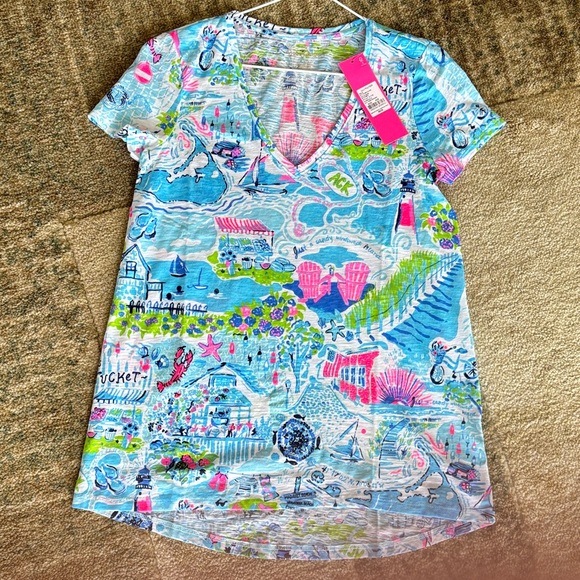 NWT Lilly Pulitzer Etta Lilly Loves Nantucket Whisper Blue Colorful Graphic Top - Picture 7 of 16